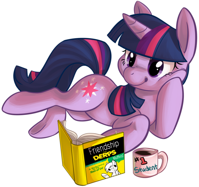 Size: 900x846 | Tagged: safe, artist:briskby, derpibooru import, derpy hooves, twilight sparkle, pony, unicorn, book, coffee, cup, drink, female, for dummies, lying, mare, mug, reading, side, simple background, smiling, solo, transparent background, underhoof