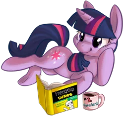 Size: 900x846 | Tagged: safe, artist:briskby, derpibooru import, derpy hooves, twilight sparkle, pony, unicorn, book, coffee, cup, drink, female, for dummies, lying, mare, mug, reading, side, simple background, smiling, solo, transparent background, underhoof