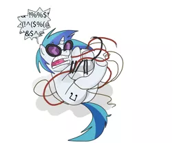 Size: 1000x833 | Tagged: safe, artist:klondike, derpibooru import, vinyl scratch, pony, unicorn, annoyed, censored vulgarity, entangled, female, grawlixes, legs in air, mare, on back, open mouth, plot, simple background, solo, speech bubble, swearing, tangled up, white background, wires