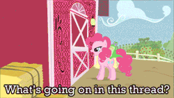 Size: 360x203 | Tagged: safe, derpibooru import, edit, edited screencap, screencap, applejack, gummy, pinkie pie, earth pony, pony, party of one, animated, caption, cowboy hat, dialogue, female, frown, hat, mare, meta, neogaf, reaction image, smiling, stetson