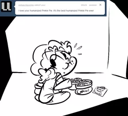 Size: 770x700 | Tagged: artist:tess, caught, cookie, crumbs, dead source, derpibooru import, eating, female, human, humanized, looking back, monochrome, pinkie pie, safe, sitting, solo