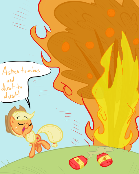 Size: 880x1100 | Tagged: applejack, artist:elslowmo, artist:tess, burning, derpibooru import, fire, orange, safe, solo, tree