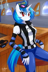 Size: 852x1280 | Tagged: safe, artist:skykain, derpibooru import, vinyl scratch, anthro, unicorn, clothes, detached sleeves, female, headphones, looking at you, pants, red eyes, shirt, solo