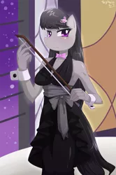 Size: 849x1280 | Tagged: anthro, artist:skykain, blushing, bow (instrument), bowtie, clothes, derpibooru import, dress, female, octavia melody, safe, solo