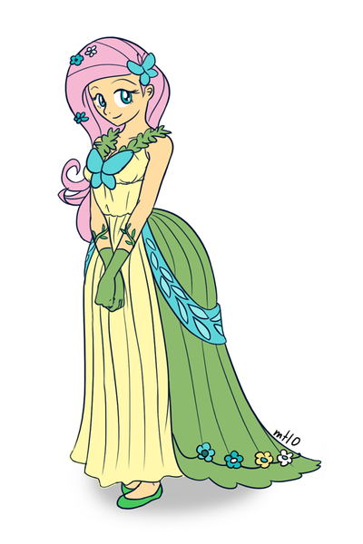 Size: 600x900 | Tagged: artist:empty-10, clothes, derpibooru import, dress, female, flower, flower in hair, fluttershy, gala dress, gloves, human, humanized, photoshop, safe, simple background, solo, white background