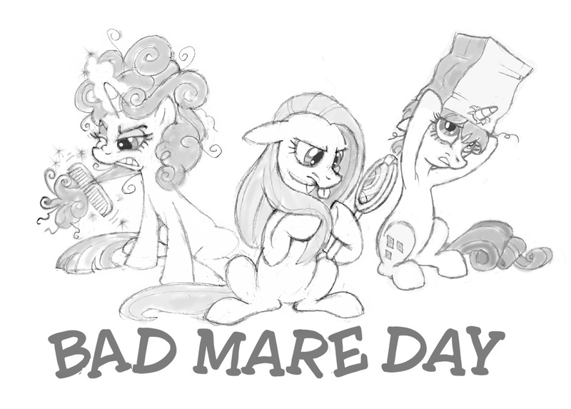 Size: 1200x859 | Tagged: alternate hairstyle, artist:toonicorn, bad hair day, bag, comb, derpibooru import, messy mane, mirror, monochrome, pinkie pie, rarity, safe, trio, twilight sparkle