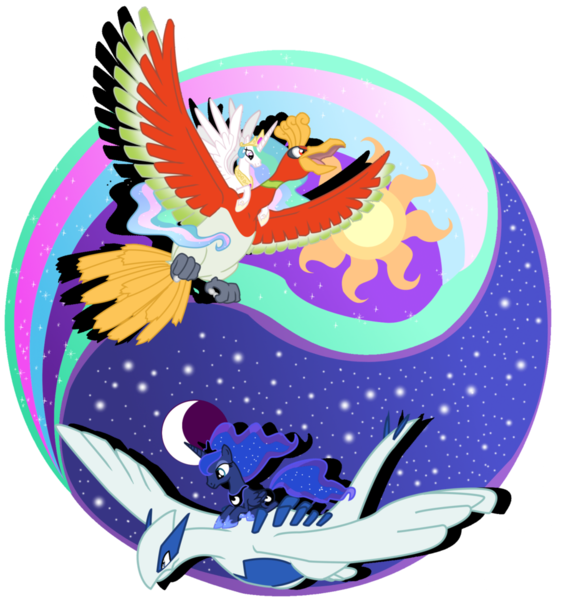 Size: 900x963 | Tagged: safe, artist:seaandsunshine, derpibooru import, princess celestia, princess luna, alicorn, bird, ho-oh, lugia, pony, contrast, crossover, female, flying, legendary pokémon, mare, moon, pokémon, ponies riding pokémon, princess, riding, royal sisters, spread wings, sun, vector, wings, yin-yang