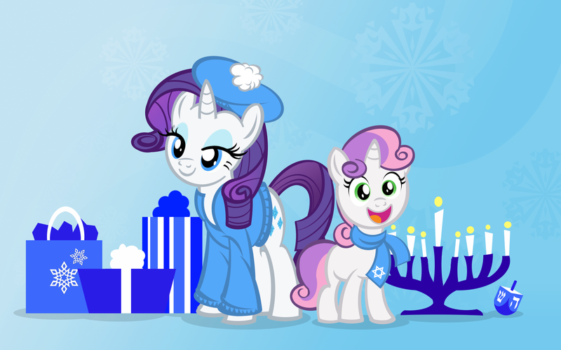 Size: 1755x1097 | Tagged: safe, artist:pixelkitties, derpibooru import, rarity, sweetie belle, pony, unicorn, beret, clothes, dreidel, female, hanukkah, hat, image, jew rarity, jewnicorn, judaism, menorah, png, present, scarf, siblings, sisters, sweater, text