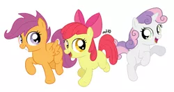 Size: 938x500 | Tagged: safe, artist:empty-10, derpibooru import, apple bloom, scootaloo, sweetie belle, earth pony, pegasus, pony, unicorn, cutie mark crusaders, female, filly, photoshop, simple background, trio, white background