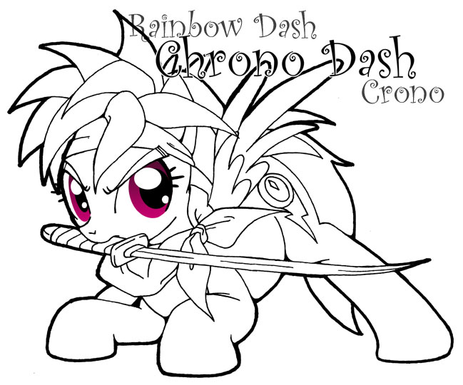 Size: 649x540 | Tagged: artist:inkwell, chrono trigger, crono, crossover, derpibooru import, mouth hold, rainbow dash, safe, simple background, solo, sword, text, white background