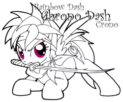 Size: 649x540 | Tagged: artist:inkwell, chrono trigger, crono, crossover, derpibooru import, mouth hold, rainbow dash, safe, simple background, solo, sword, text, white background