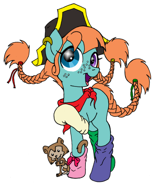 Size: 990x1203 | Tagged: safe, artist:inkwell, derpibooru import, ponified, earth pony, monkey, pony, clothes, crossover, freckles, heterochromia, pigtails, pippi longstocking, simple background, socks, solo, transparent background