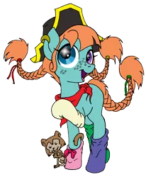 Size: 990x1203 | Tagged: safe, artist:inkwell, derpibooru import, ponified, earth pony, monkey, pony, clothes, crossover, freckles, heterochromia, pigtails, pippi longstocking, simple background, socks, solo, transparent background