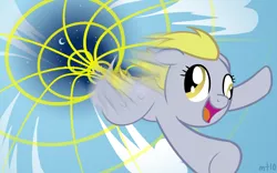 Size: 1440x900 | Tagged: safe, artist:empty-10, derpibooru import, derpy hooves, pegasus, pony, female, flying, mare, motion blur, photoshop, smiling, solo, sonic rainboom, sonic xboom, wormhole