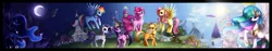 Size: 4500x850 | Tagged: applejack, artist:felynea, carousel boutique, day night cycle, day night shift, derpibooru import, fluttershy, mane six, moon, pinkie pie, ponyville, princess celestia, princess luna, rainbow dash, rarity, safe, sun, twilight sparkle