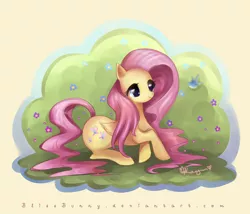Size: 800x684 | Tagged: safe, artist:felynea, derpibooru import, fluttershy, bird, pegasus, pony, female, flower, folded wings, lying, mare, prone, signature, simple background, smiling, solo, url, watermark, wings, yellow background