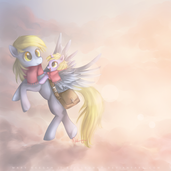 Size: 1000x1000 | Tagged: safe, artist:felynea, derpibooru import, derpy hooves, dinky hooves, pegasus, pony, bag, clothes, duo, equestria's best mother, female, flying, mare, mother and daughter, ponies riding ponies, riding, scarf