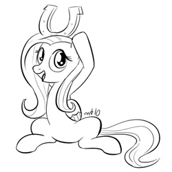 Size: 500x500 | Tagged: safe, artist:empty-10, derpibooru import, fluttershy, pegasus, pony, female, horseshoes, lineart, mare, meme, monochrome, photoshop, shoe on head, simple background, sitting, solo