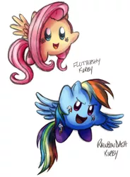 Size: 642x874 | Tagged: artist:maraphy, artist:marraphy, crossover, derpibooru import, duo, fluttershy, kirby, kirby (character), kirbyfied, kirby fluttershy, rainbow dash, safe, simple background, smiling, species swap, spread wings, white background, wings