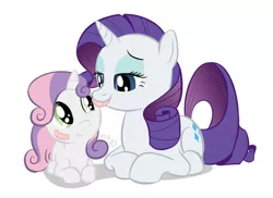 Size: 600x436 | Tagged: safe, artist:empty-10, derpibooru import, rarity, sweetie belle, pony, unicorn, bandaid, female, filly, first aid, injured, mare, photoshop, prone, simple background, white background
