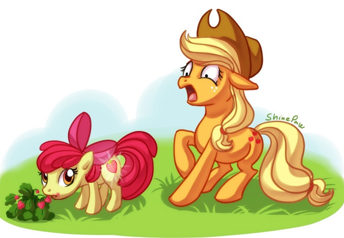 Size: 700x483 | Tagged: safe, artist:shinepawpony, derpibooru import, apple bloom, applejack, earth pony, pony, betrayal, betrayed, cutiespark, disgrace, dishonorapple, duo, eating, female, filly, hilarious in hindsight, mare, simple background, sisters, strawberry, that pony sure does hate strawberries, treason, white background