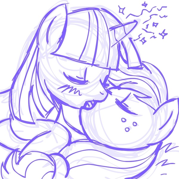 Size: 945x945 | Tagged: safe, artist:megasweet, derpibooru import, ponibooru import, applejack, twilight sparkle, female, french kiss, hornboner, image, jpeg, kissing, lesbian, mare, monochrome, shipping, twijack