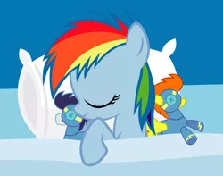Size: 1976x1560 | Tagged: safe, artist:capt-nemo, derpibooru import, rainbow dash, soarin', spitfire, pegasus, pony, bed, blanket, cute, dashabetes, eyes closed, female, filly, filly rainbow dash, foal, gimp, male, mare, pillow, plushie, side, sleeping, smiling, solo, stallion, younger