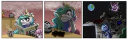 Size: 1646x519 | Tagged: safe, artist:dalapony, derpibooru import, derpy hooves, princess celestia, princess luna, horse, pegasus, pony, gamer luna, angry, banishment, breakfast, cigarette, clothes, coffee, comic, faic, female, mare, moon, morning ponies, newspaper, s1 luna, sharp teeth, slippers, smoking, space, to the moon, toast, toaster, welcome princess celest