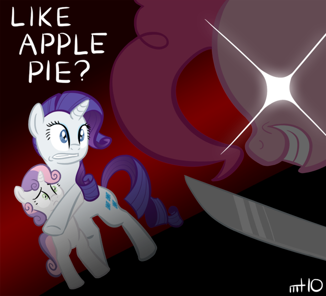 Size: 770x700 | Tagged: semi-grimdark, artist:empty-10, derpibooru import, pinkie pie, rarity, sweetie belle, earth pony, pony, unicorn, bipedal, female, filly, horror, knife, mare, photoshop, scared