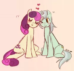 Size: 900x859 | Tagged: safe, artist:emmy, derpibooru import, bon bon, lyra heartstrings, sweetie drops, blushing, female, lesbian, lyrabon, mare, shipping