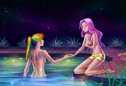 Size: 3600x2480 | Tagged: suggestive, artist:alexielart, derpibooru import, fluttershy, rainbow dash, human, 2010s, 2012, artistic nudity, barefoot, beautiful, beautisexy, belly button, blushing, board shorts, breasts, casual nudity, clothes, covering, feet, female, flutterdash, high res, holding hands, humanized, in water, kneeling, lesbian, multicolored hair, night, nudity, partial nudity, pink hair, ponytail, practitioner of naturism, rainbow hair, sexy, shipping, shorts, skinny dipping, smiling, starry sky, swimming pool, tattoo, topless, water