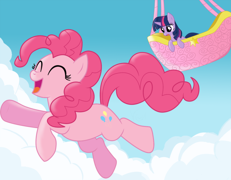 Size: 1200x936 | Tagged: dead source, safe, artist:volmise, derpibooru import, pinkie pie, twilight sparkle, earth pony, pony, unicorn, falling, female, hot air balloon, jumping, mare, twinkling balloon