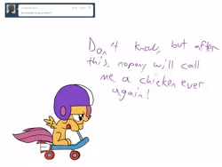Size: 1600x1200 | Tagged: safe, derpibooru import, scootaloo, pegasus, pony, ask, blank flank, dialogue, female, filly, helmet, scooter, simple background, sitting, tumblr, white background, wings