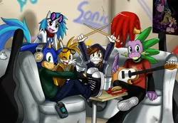 Size: 2328x1610 | Tagged: safe, artist:ss2sonic, derpibooru import, pipsqueak, spike, vinyl scratch, anthro, dragon, earth pony, echidna, fox, hedgehog, unicorn, band, clothes, crossover, drumsticks, electric guitar, game gear, guitar, headphones, knuckles the echidna, miles "tails" prower, musical instrument, sega, sonic the hedgehog, sonic the hedgehog (series)