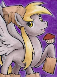 Size: 438x600 | Tagged: safe, artist:aokibengal, derpibooru import, derpy hooves, pegasus, pony, female, mare, muffin, paper bag, paper bag wizard, solo, traditional art