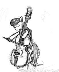 Size: 677x822 | Tagged: safe, artist:enma-darei, derpibooru import, octavia melody, earth pony, pony, black and white, bow (instrument), classy, contrabass, double bass, female, grayscale, mare, monochrome, musical instrument, simple background, sketch, solo, stool, white background