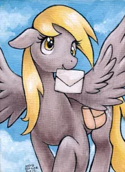 Size: 437x600 | Tagged: safe, artist:aokibengal, derpibooru import, derpy hooves, pegasus, pony, envelope, female, mare, mouth hold, solo, traditional art