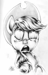 Size: 1523x2394 | Tagged: applejack, artist:carlotta-guidicelli, bust, d:, derpibooru import, frown, grayscale, looking up, monochrome, nose wrinkle, open mouth, pencil drawing, portrait, safe, solo, traditional art, wide eyes