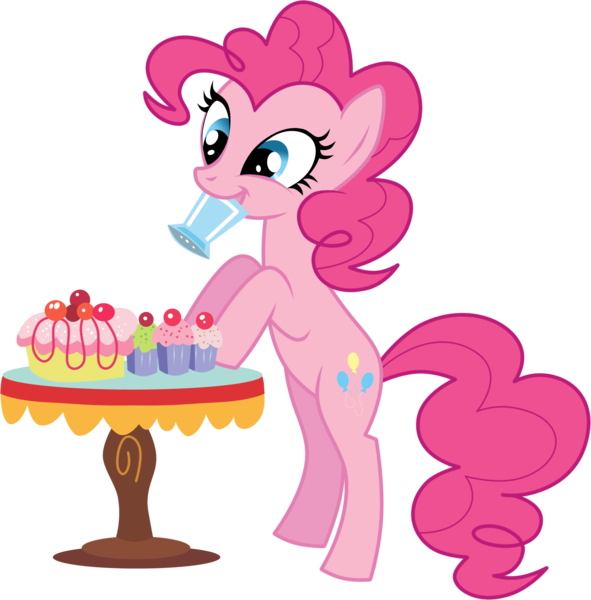 Size: 1571x1594 | Tagged: dead source, safe, artist:volmise, derpibooru import, pinkie pie, earth pony, pony, adobe imageready, bipedal, bipedal leaning, cake, cupcake, female, food, leaning, mare, mouth hold, photoshop, simple background, solo, sprinkles, transparent background