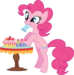 Size: 1571x1594 | Tagged: dead source, safe, artist:volmise, derpibooru import, pinkie pie, earth pony, pony, adobe imageready, bipedal, bipedal leaning, cake, cupcake, female, food, leaning, mare, mouth hold, photoshop, simple background, solo, sprinkles, transparent background