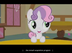 Size: 1279x942 | Tagged: safe, derpibooru import, screencap, sweetie belle, pony, robot, robot pony, unicorn, female, filly, foal, hooves, horn, solo, sweetie bot, window, youtube caption