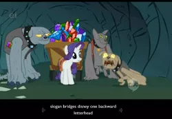 Size: 1259x872 | Tagged: a dog and pony show, caption, derpibooru import, diamond dog, disney, edit, edited screencap, fido, rarity, rover, safe, screencap, spot, youtube caption