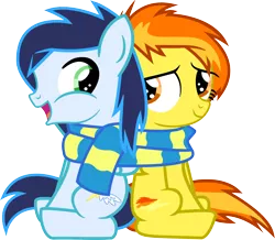 Size: 2436x2120 | Tagged: safe, artist:hank0, artist:veggie55, derpibooru import, soarin', spitfire, pegasus, pony, clothes, colt, female, filly, foal, high res, male, scarf, shared clothing, shared scarf, shipping, simple background, soarinfire, straight, transparent background, vector