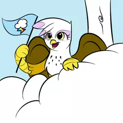 Size: 800x800 | Tagged: safe, artist:kloudmutt, derpibooru import, gilda, rainbow dash, gryphon, cheering, cloud, cutie mark flag, female, flag, image, implied rainbow dash, on a cloud, open mouth, png, sitting, sitting on cloud, solo