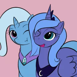 Size: 600x600 | Tagged: safe, artist:kloudmutt, derpibooru import, princess luna, trixie, alicorn, pony, unicorn, :t, best friends, cheek squish, cute, diatrixes, female, lesbian, looking at you, lunabetes, luxie, mare, open mouth, pink background, s1 luna, shipping, simple background, smiling, squishy cheeks, wink