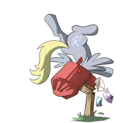 Size: 1000x1000 | Tagged: safe, artist:madmax, derpibooru import, derpy hooves, pegasus, pony, crash, derpy inside a mailbox, female, mailbox, mare, simple background, transparent background