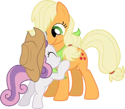 Size: 1000x867 | Tagged: dead source, safe, artist:volmise, derpibooru import, applejack, sweetie belle, earth pony, pony, unicorn, sisterhooves social, accessory swap, adobe imageready, bandana, female, filly, hat, mare, photoshop, simple background, transparent background