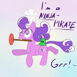Size: 1125x1125 | Tagged: safe, artist:hip-indeed, derpibooru import, screwball, earth pony, pony, chef's hat, female, hat, mare, mouth hold, ninja, ninja pirate, pirate, pirate ninja, plunger, solo