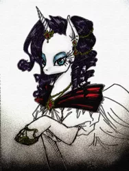 Size: 900x1200 | Tagged: safe, artist:tt-n, derpibooru import, rarity, pony, unicorn, alternate hairstyle, beautiful, bedroom eyes, clothes, dress, ear piercing, earring, evening gloves, eyeshadow, female, gem, gloves, hair accessory, horn, horn ring, jewel, jewelry, lidded eyes, long gloves, looking at you, makeup, mare, mascara, necklace, piercing, ring, shoes, simple background, solo, traditional art