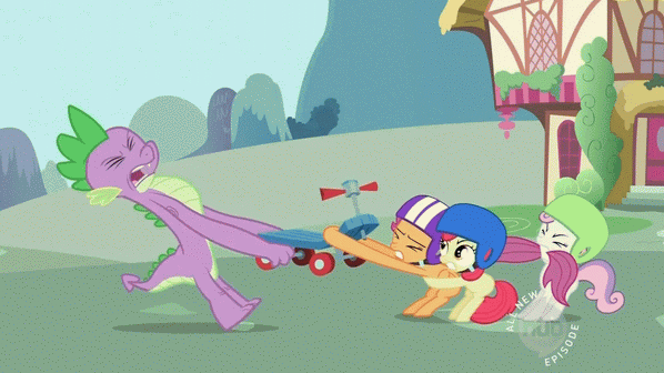 Size: 598x336 | Tagged: safe, derpibooru import, screencap, apple bloom, scootaloo, spike, sweetie belle, dragon, earth pony, pegasus, pony, unicorn, secret of my excess, animated, cutie mark crusaders, eyes closed, female, filly, foal, greed spike, greedy, gritted teeth, helmet, hub logo, scootaloo's scooter, scooter, sin of greed, spike want, tail, tail pull, teenage spike, tug of war, wingless spike